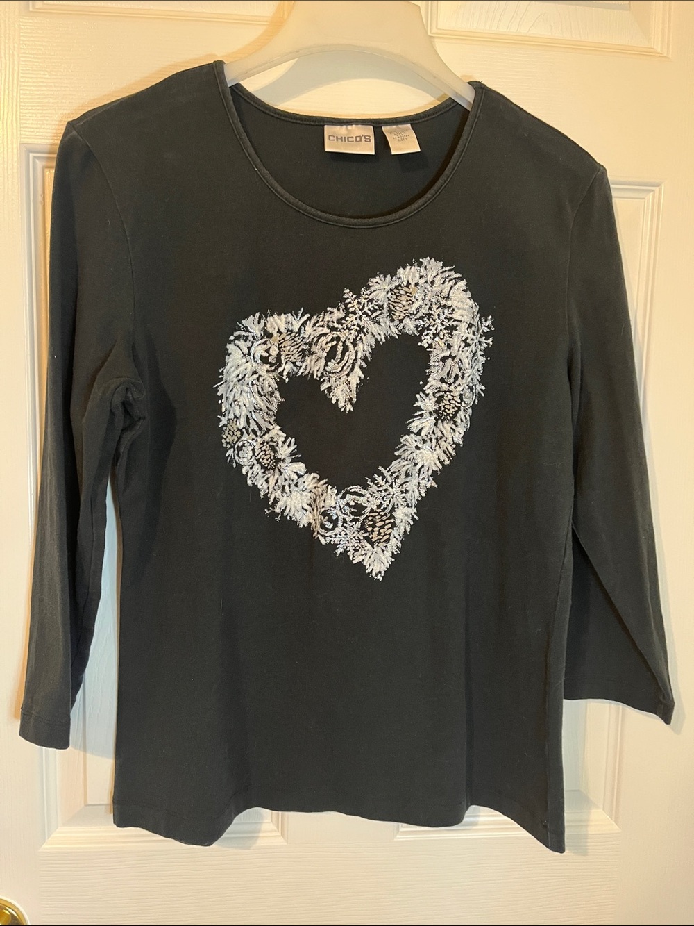 Chico's Black Long Sleeve Top with White Heart Wreath